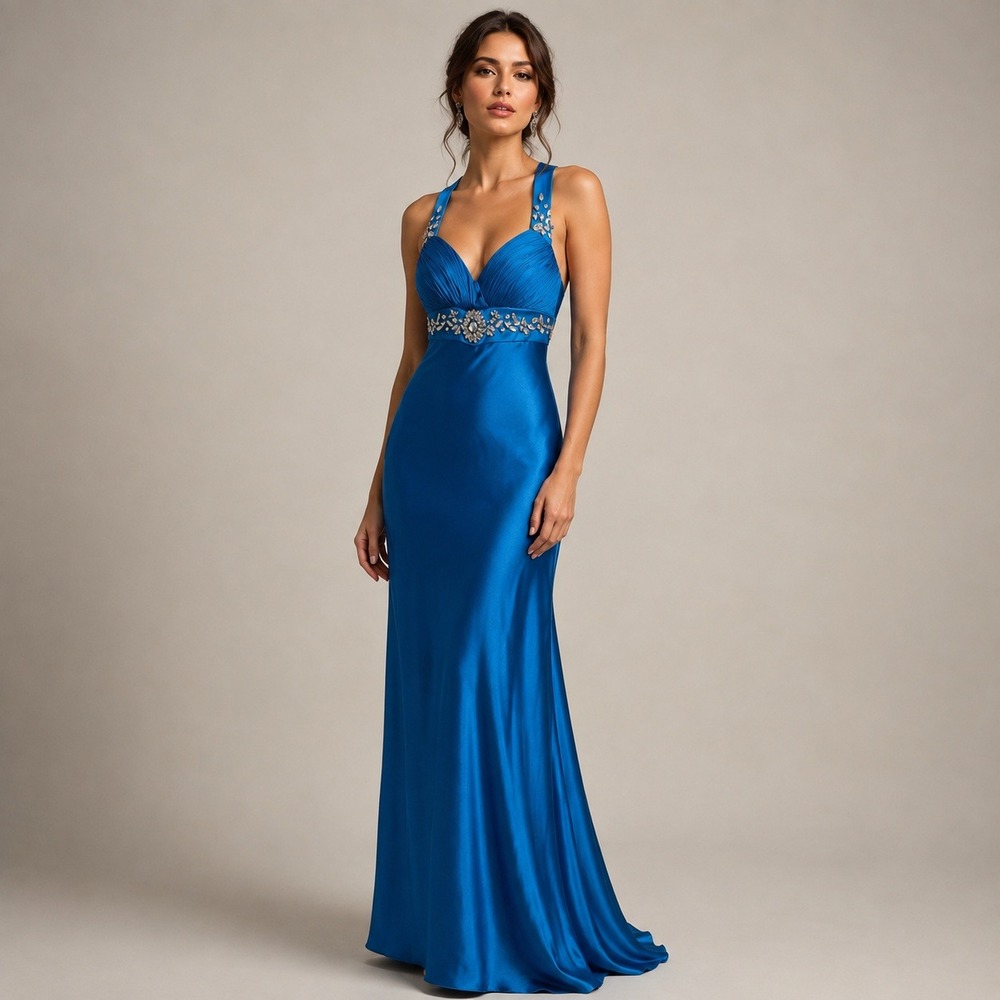 Cache Formal Dress Women 2 Blue Vintage Y2K Rhinestone Satin Halter Gown Bling
